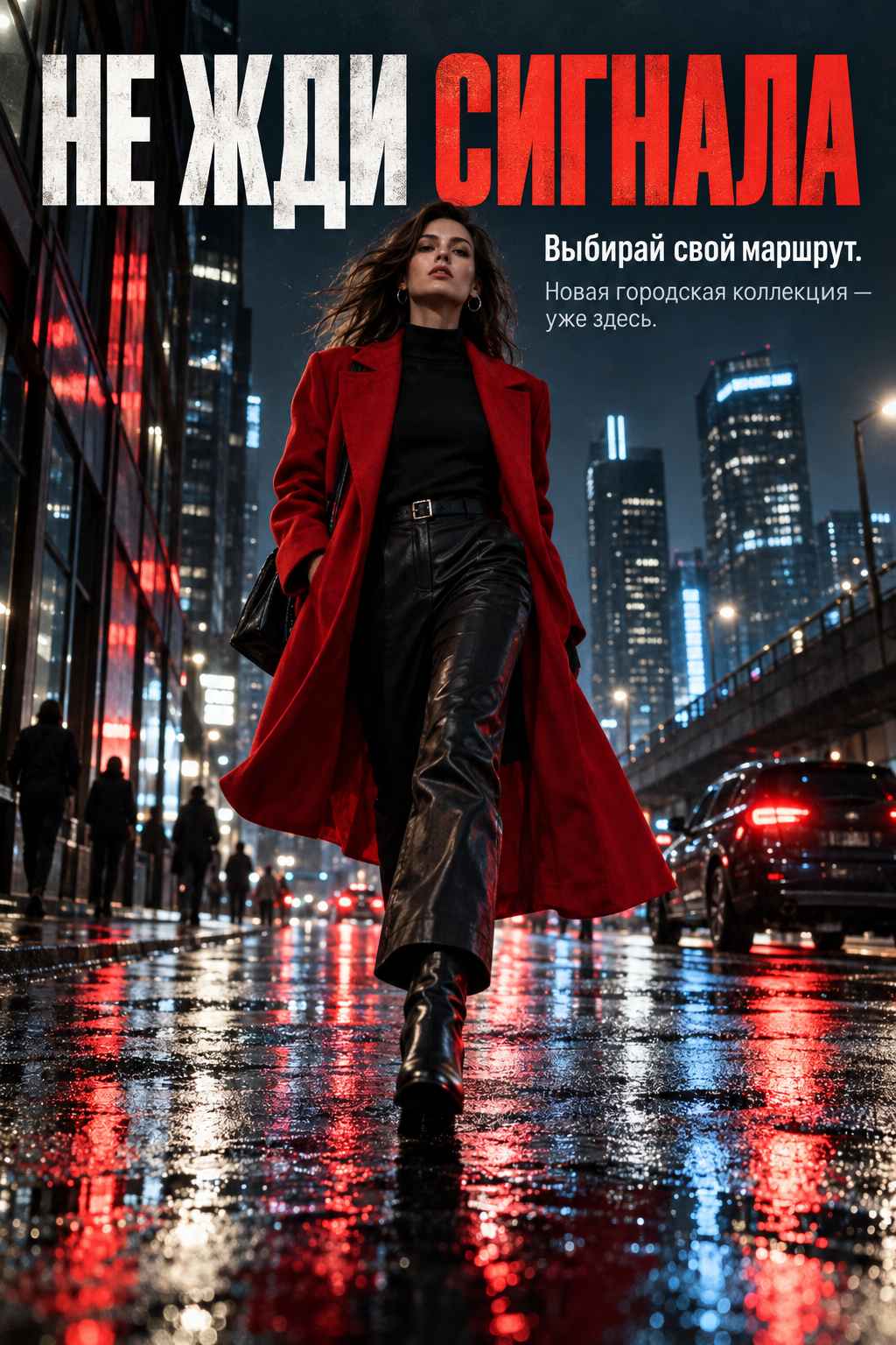 Неоновый fashion-запуск — рекламное изображение, созданное по промпту 01